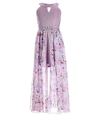 Xtraordinary Big Girls 7-16 Halter Glitter-Knit Floral Walkthrough Dress