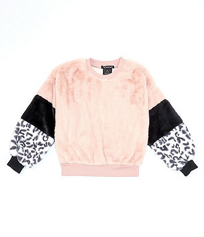 Xtraordinary Big Girls 7-16 Long-Sleeve Animal-Printed/Solid Color Block Faux-Fur Sweatshirt