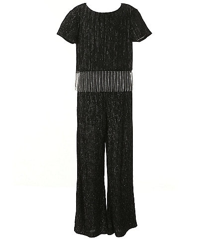 Xtraordinary Big Girls 7-16 Short-Sleeve Fringe-Trimmed Metallic Velvet Jumpsuit