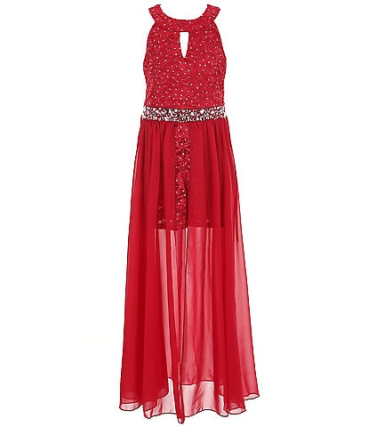 Xtraordinary Big Girls 7-16 Sleeveless Cut-Out Jeweled Waist Chiffon Walk-Through Glitter Lace Romper