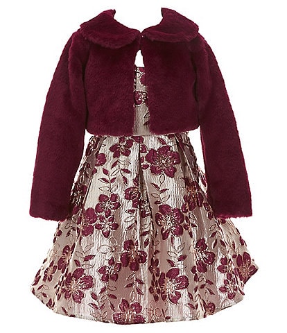 Xtraordinary Little Girls 4-6X Long-Sleeve Faux-Fur Bolero Jacket & Sleeveless Floral Brocade Fit-And-Flare Dress Set