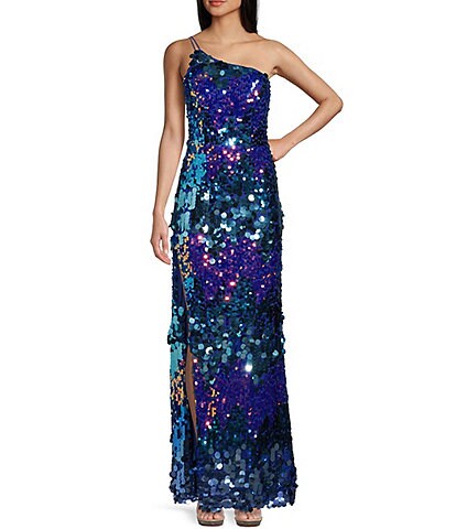 Xtraordinary One Shoulder Multi-Colored Paillette Sequin Side Slit Long Dress