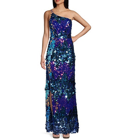 Xtraordinary One Shoulder Multi-Colored Paillette Sequin Side Slit Long Dress