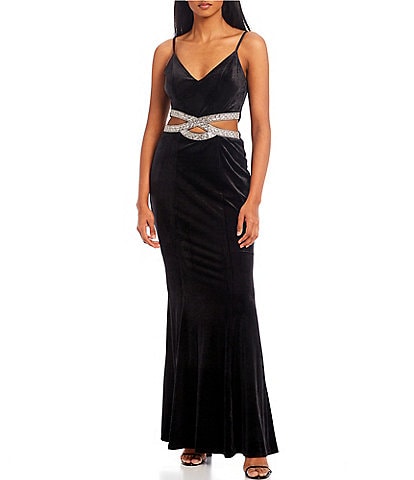 Xtraordinary Sleeveless Embellished-Infinity-Cut-Out-Waist Fitted Velvet Slip Dress