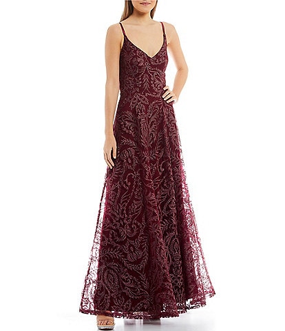 Xtraordinary Sleeveless V-Neck Embroidered Mesh Overlay A-Line Long Dress