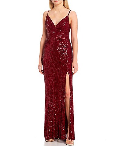Xtraordinary Sleeveless Bar Accent V-Neck Sequin-Embellished Slit Hem Gown