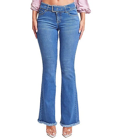 YMI Jeanswear Low Rise Frayed Hem Buckle Flare Jeans