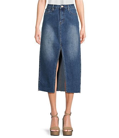 YMI Jeanswear Md Rise Front Slit Frayed Hem Denim Skirt