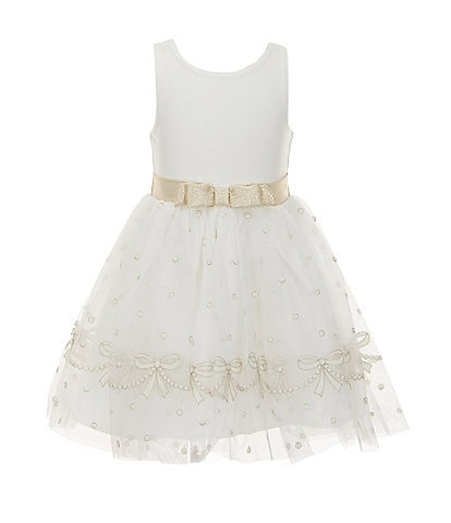 Zunie Little Girls 2-6X Sleeveless Solid Ponte/Metallic-Embroidered Bow-Border-Hem Mesh-Skirted Fit & Flare Dress