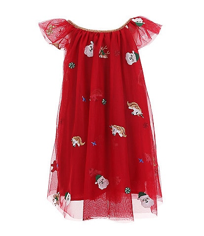 Zunie Little Girls 2-7 Flutter-Sleeve Christmas-Themed-Embroidered Trapeze Dress