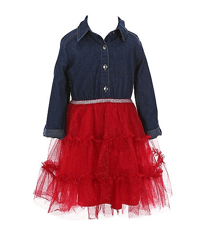 Zunie Little Girls 4-6X Long Sleeve Denim/Glitter-Accented Mesh Tutu-Skirted Dress