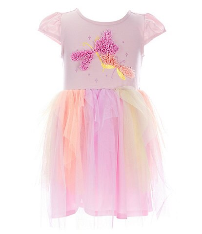Zunie Little Girls 4-6X Short-Sleeve Dragonfly-Applique Knit Bodice/Rainbow Mesh Skirted Dress