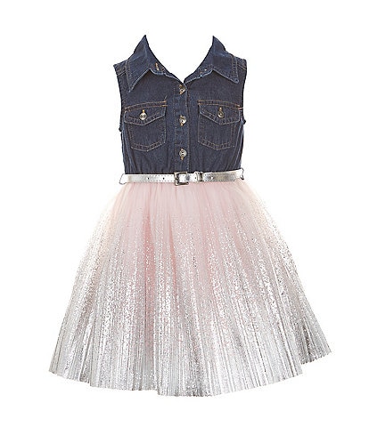 Zunie Little Girls 4-6X Sleeveless Denim/Foil-Printed-Border Mesh Tutu-Skirted Dress