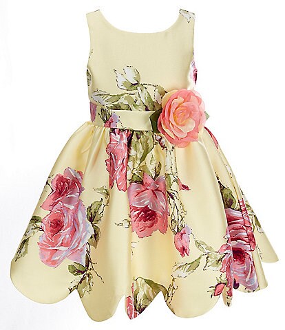 Zunie Little Girls 4-6X Sleeveless Flower Applique Scalloped Hem Floral Mikado Dress