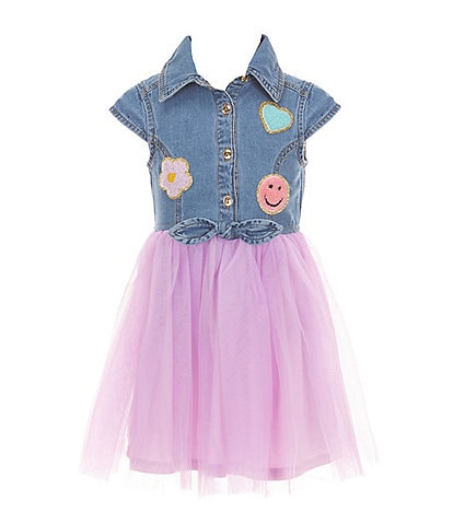 Zunie Little Girls Cap-Sleeve Denim Appliqued/Tulle-Skirted Tutu Dress