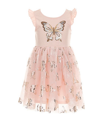 Zunie Little Girls Flutter-Sleeve Foiled-Butterfly Fit-And-Flare Dress