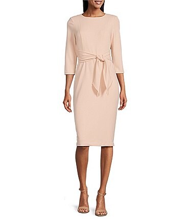Image of Adrianna Papell Stretch Crepe Crew Neck Tie Waist 3/4 Sleeve Midi Sheath Dress