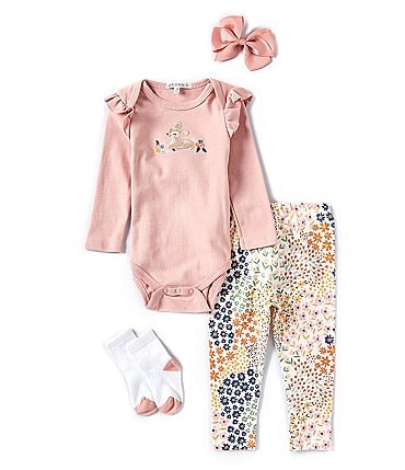 Image of Adventurewear 360 Baby Girls 3-12 Months Long Sleeve Fawn Embordered Bodysuit & Floral Print Pants Set