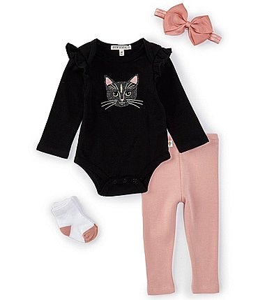 Image of Adventurewear 360 Baby Girls 3-12 Months Long Sleeve Kitty Embordered Bodysuit & Pants Set
