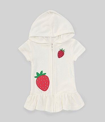 Image of Adventurewear 360 Baby Girls 3-24 Months Short Sleeve Zip Up Front Hooded Strawberry Swim Coverup