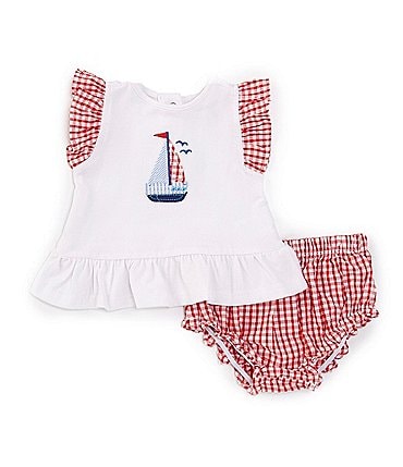 Image of Adventurewear 360 Baby Girls Newborn-12 Months Americana Sailboat Knit Flutter Sleeve Top & Bloomers Set