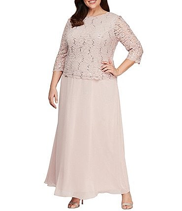 Image of Alex Evenings Plus Size Crew Neck 3/4 Sleeve Sequin Lace Scalloped Hem Bodice Chiffon Skirted Dress