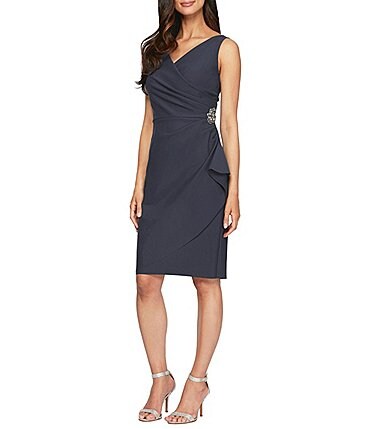 Image of Alex Evenings Surplice V-Neck Sleeveless Ruched Brooch Sheath Dress