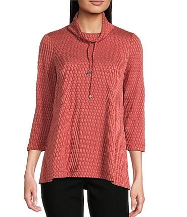 Image of Ali Miles Petite Size Textured Solid Knit Cowl Neck 3/4 Sleeve Tunic