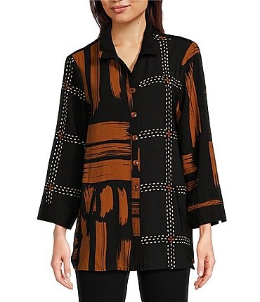 Image of Ali Miles Printed Collar 3/4 Sleeve Button Down Top