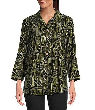 Image of Ali Miles Woven Printed Point Collar 3/4 Roll-Tab Sleeve Button Front Tunic