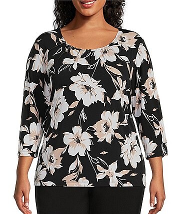 Image of Allison Daley Plus Size Floral Print 3/4 Sleeve Embellished Pleat Neck Knit Top