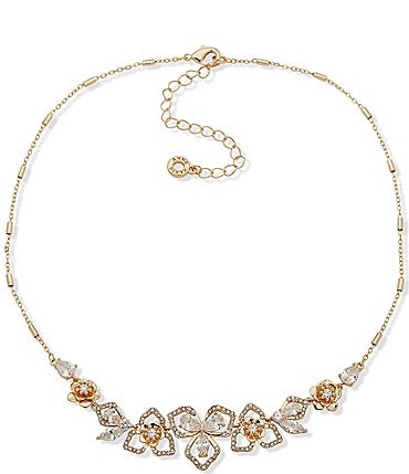 Image of Anne Klein Gold Tone Crystal Flower Embellished Frontal Collar Necklace