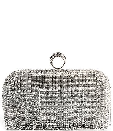 Image of Antonio Melani Crystal Silver Mesh Fringe Minaudiere Clutch