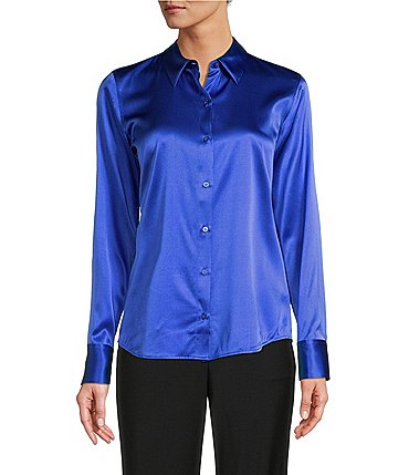 Image of Antonio Melani Yana Button Front Point Collar Long Sleeve Stretch Silk Charmeuse Blouse