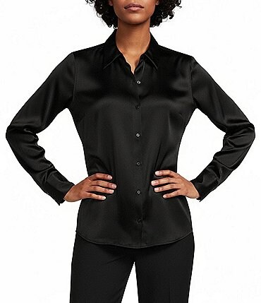 Image of Antonio Melani Yana Button Front Point Collar Long Sleeve Stretch Silk Charmeuse Blouse