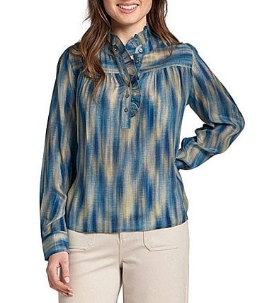 Image of APNY Woven Mandarin Collar Long Sleeve Half Placket Blouse