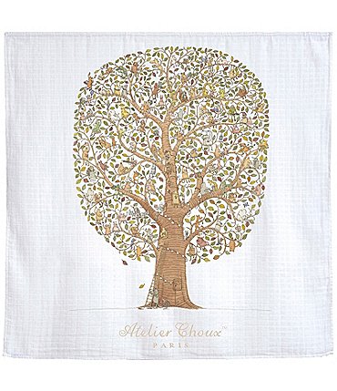 Image of Atelier Choux Paris Organic Cotton Baby Friends & Family Tree Swaddle Blanket with Gift Box