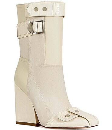 Image of Azalea Wang Allona Patchwork Croco Accent Hardware Detail Cap Toe Mid Calf Boots