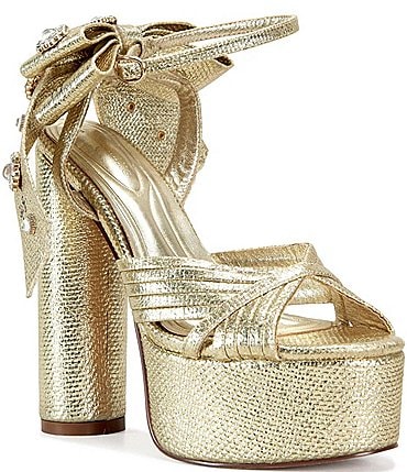 Image of Azalea Wang Crawley Metallic Oversized Bow Platform Dress Sandals