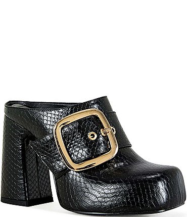 Image of Azalea Wang Elysia Embossed Big Buckle Block Heel Platform Mules