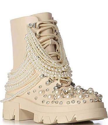 Image of Azalea Wang Twinkley Pearl Rhinestone Embellished Combat Boots