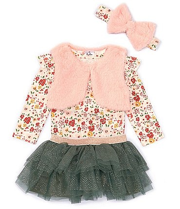 Image of Baby Starters Baby Girls 3-12 Months Faux-Fur Vest, Long Sleeve Ditsy Floral Bodysuit & Glitter-Accented Tutu Skirt Set