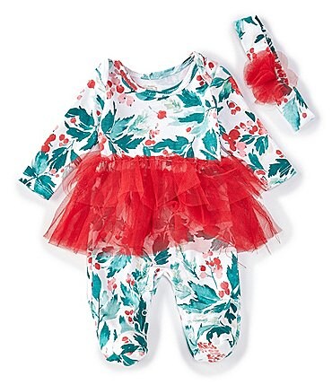 Image of Baby Starters Baby Girls Newborn-9 Months Holiday Floral Print Tutu Footed Coverall & Matching Headband Set