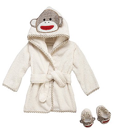 Image of Baby Starters Baby Sock Monkey Hooded Bath Robe & Slippers Set