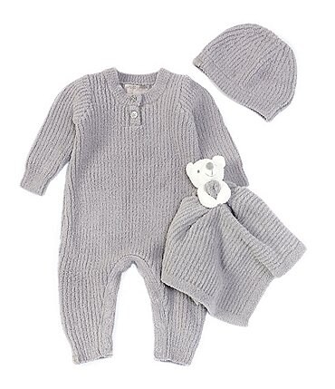 Image of Barefoot Dreams Baby 3-12 Months CozyChic® Ribbed Coverall, Beanie, & Bear Buddie Blanket 3-Piece Set