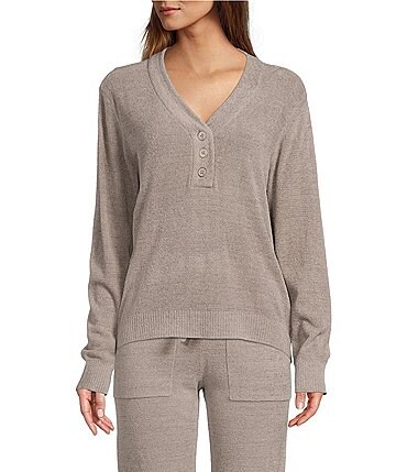Image of Barefoot Dreams CozyChic® Ultra Lite Ribbed Back Placket Henley Pullover