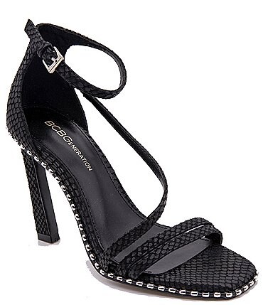 Image of BCBGeneration Balina Strappy Snake Print Leather Ball Chain Trim Dress Sandals