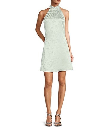 Image of Belle by Badgley Mischka Krista Satin Jacquard Floral Sleeveless Halter Neck Tie Back Fit and Flare Dress