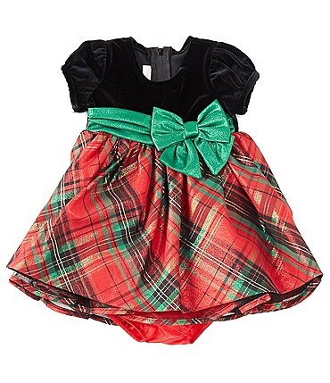 Image of Bonnie Jean Baby Girls 3-24 Months Short-Sleeve Velvet/Metallic-Plaid Fit-And-Flare Dress