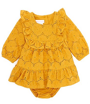 Image of Bonnie Jean Baby Girls Newborn-24 Months Long-Sleeve Bib-Front Eyelet-Embroidered Fit-And-Flare Dress